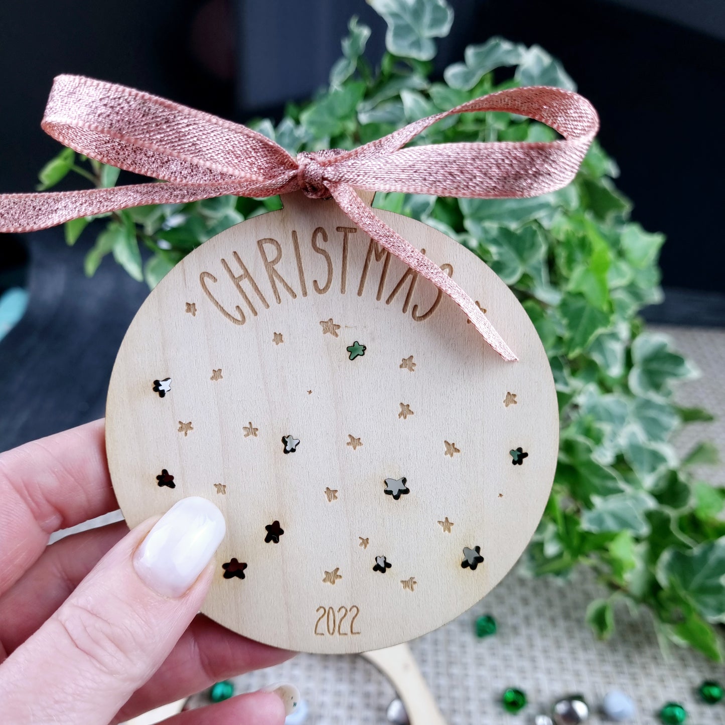 Christmas Card Alternative with Pop Out Wooden Decoration - Stars Bauble