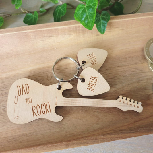 Personalised You Rock Keyring - Custom Engraved Wooden Guitar Keyring