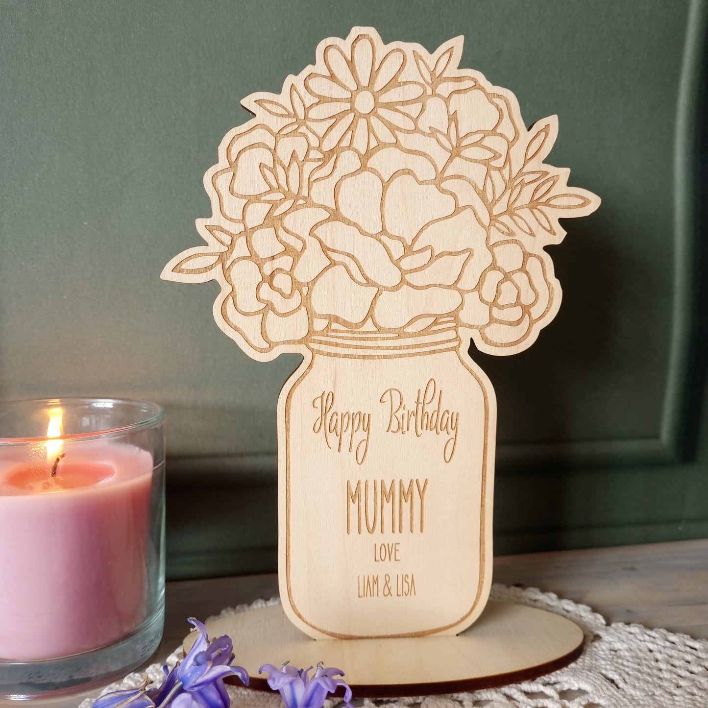 Happy Birthday Forever Flower Jar -Personalised Flower Pop-Up Card - Sustainable Wooden Flowers with Stand