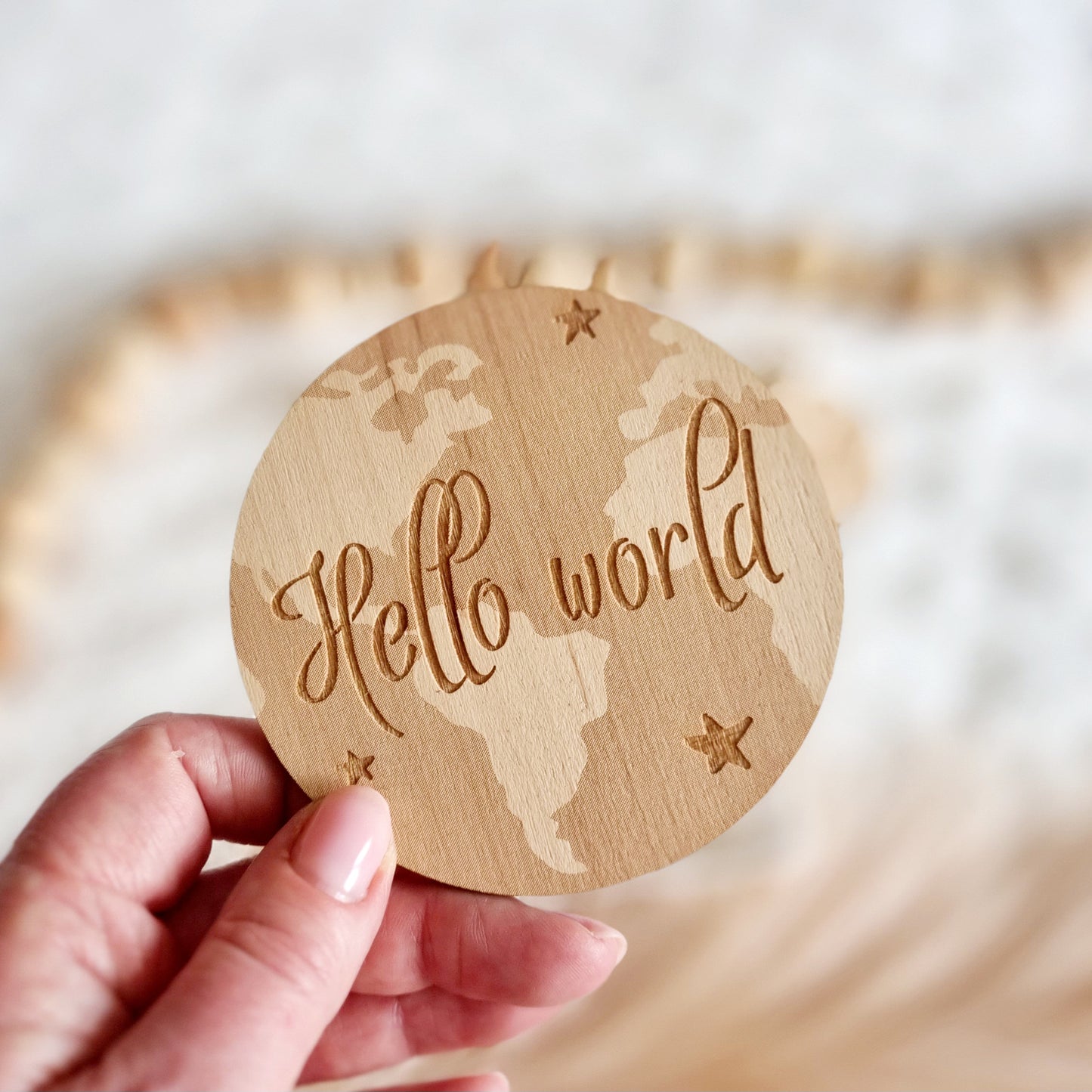 Hello World Birth/Baby Announcement Disc - Wooden Baby Reveal Photo Prop