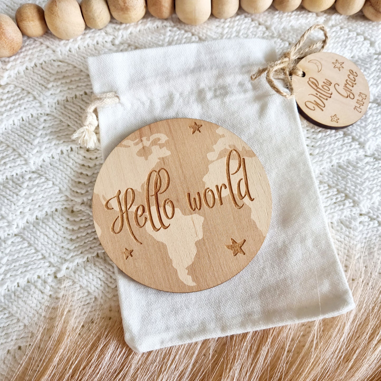 Hello World Birth/Baby Announcement Disc - Wooden Baby Reveal Photo Prop