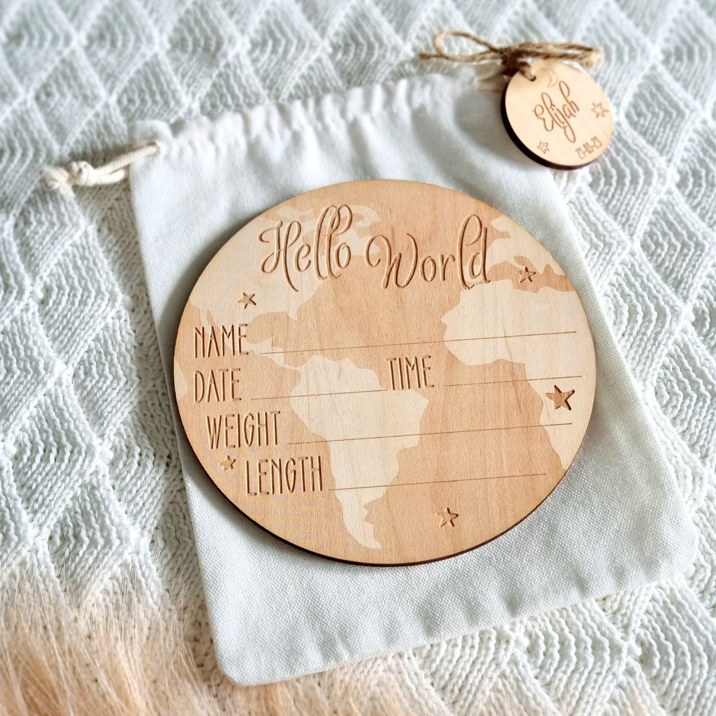 Hello World Birth Stats Baby Announcement Disc - Write On Baby Arrival Name Sign - Globe Design