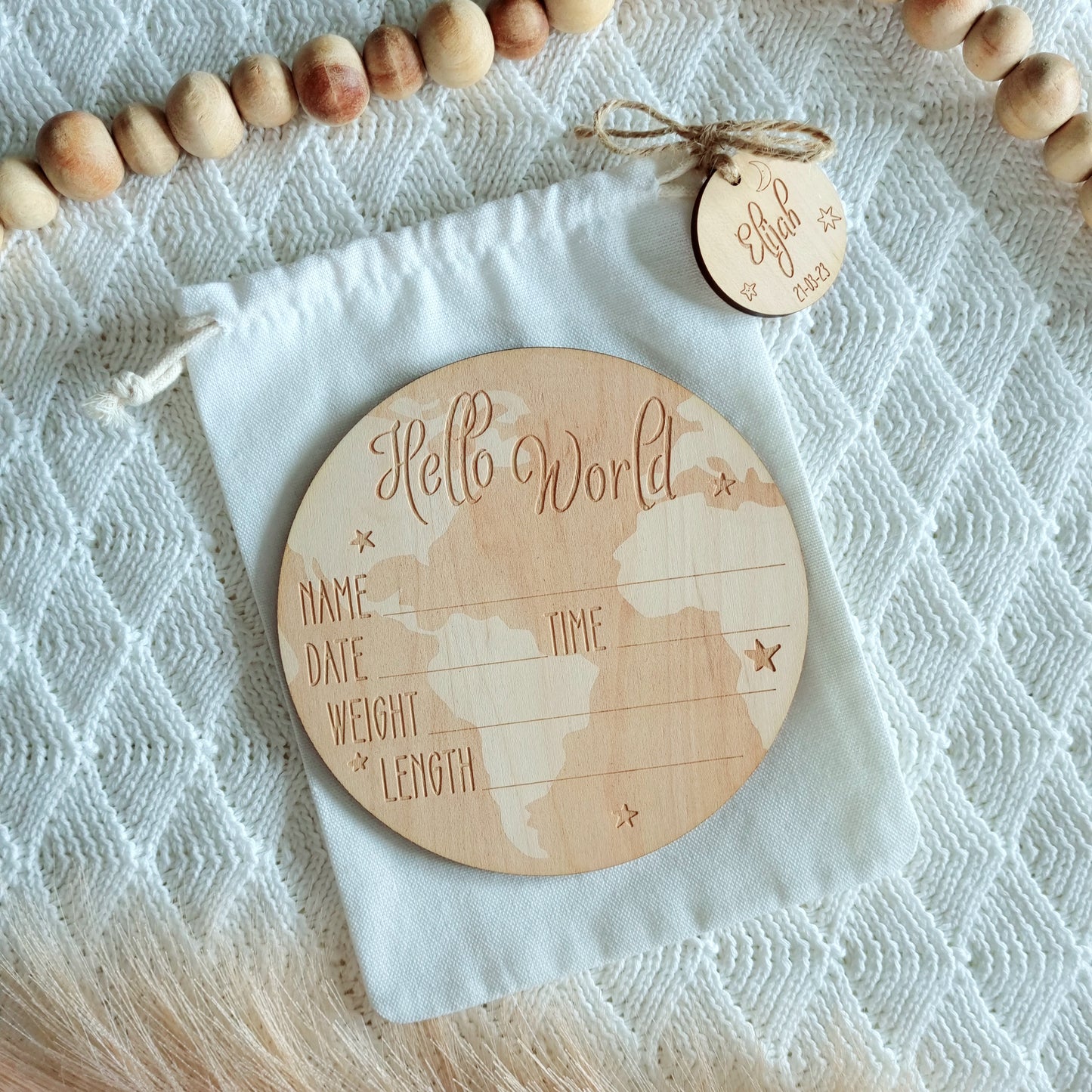 Hello World Birth Stats Baby Announcement Disc - Write On Baby Arrival Name Sign - Globe Design