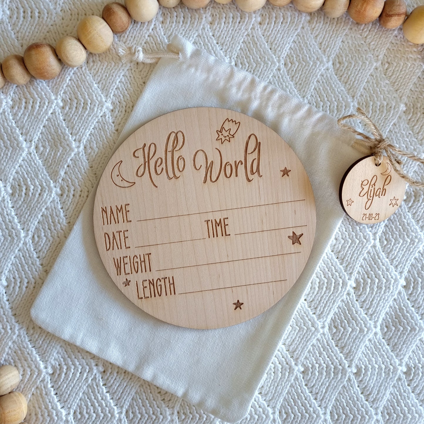 Hello World Birth Stats Baby Announcement Disc - Write On Baby Arrival Name Sign - Little Star Design