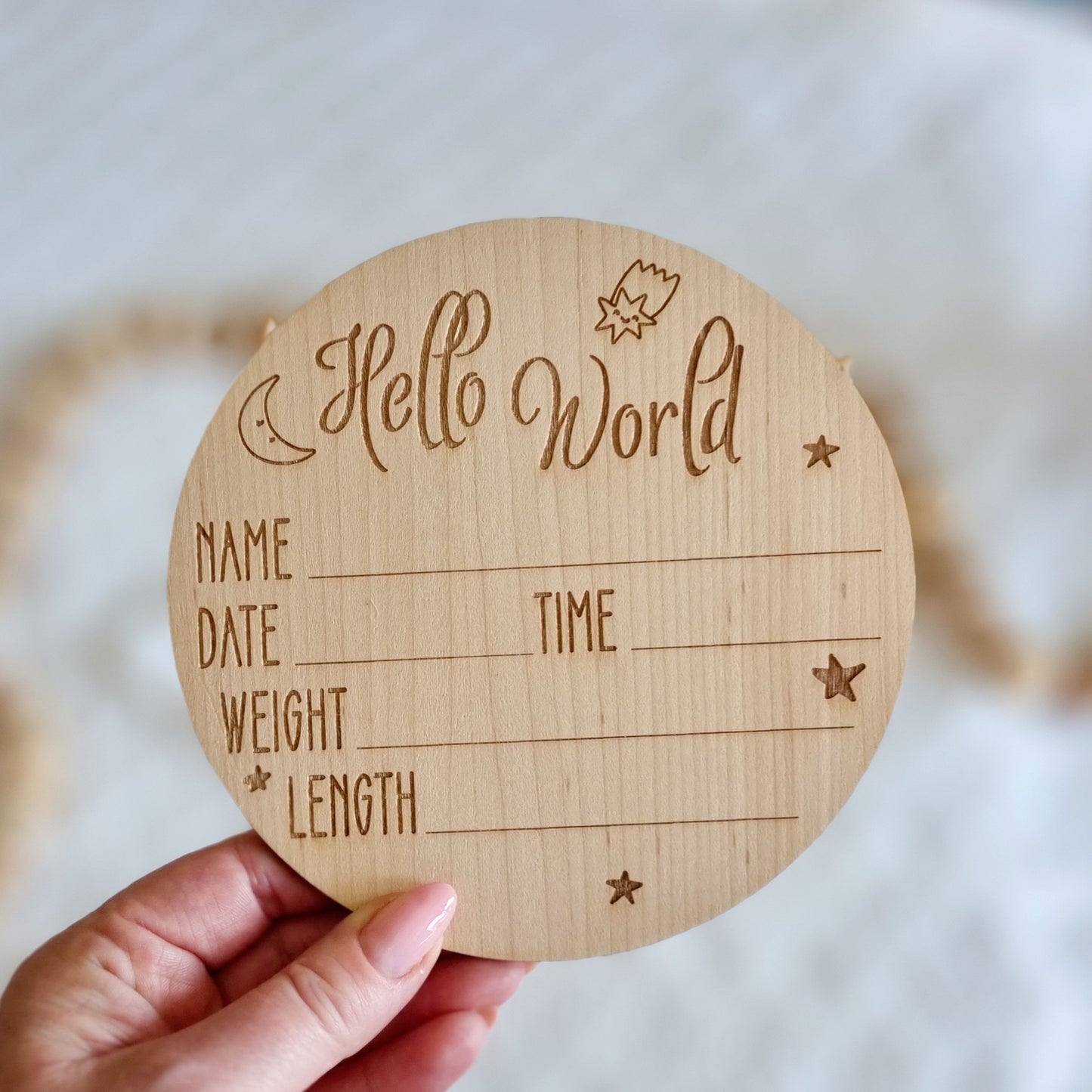 Hello World Birth Stats Baby Announcement Disc - Write On Baby Arrival Name Sign - Little Star Design