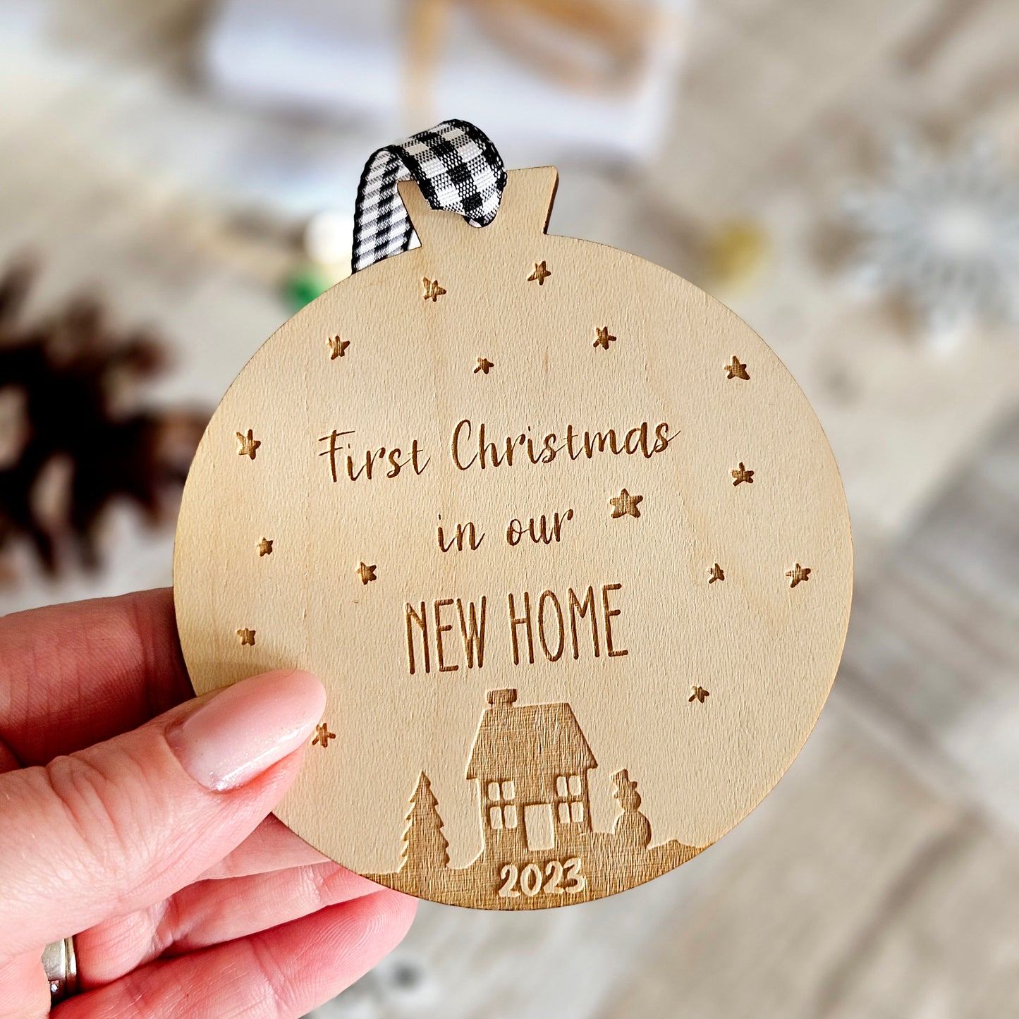 First Christmas in New Home Personalised Wooden Bauble