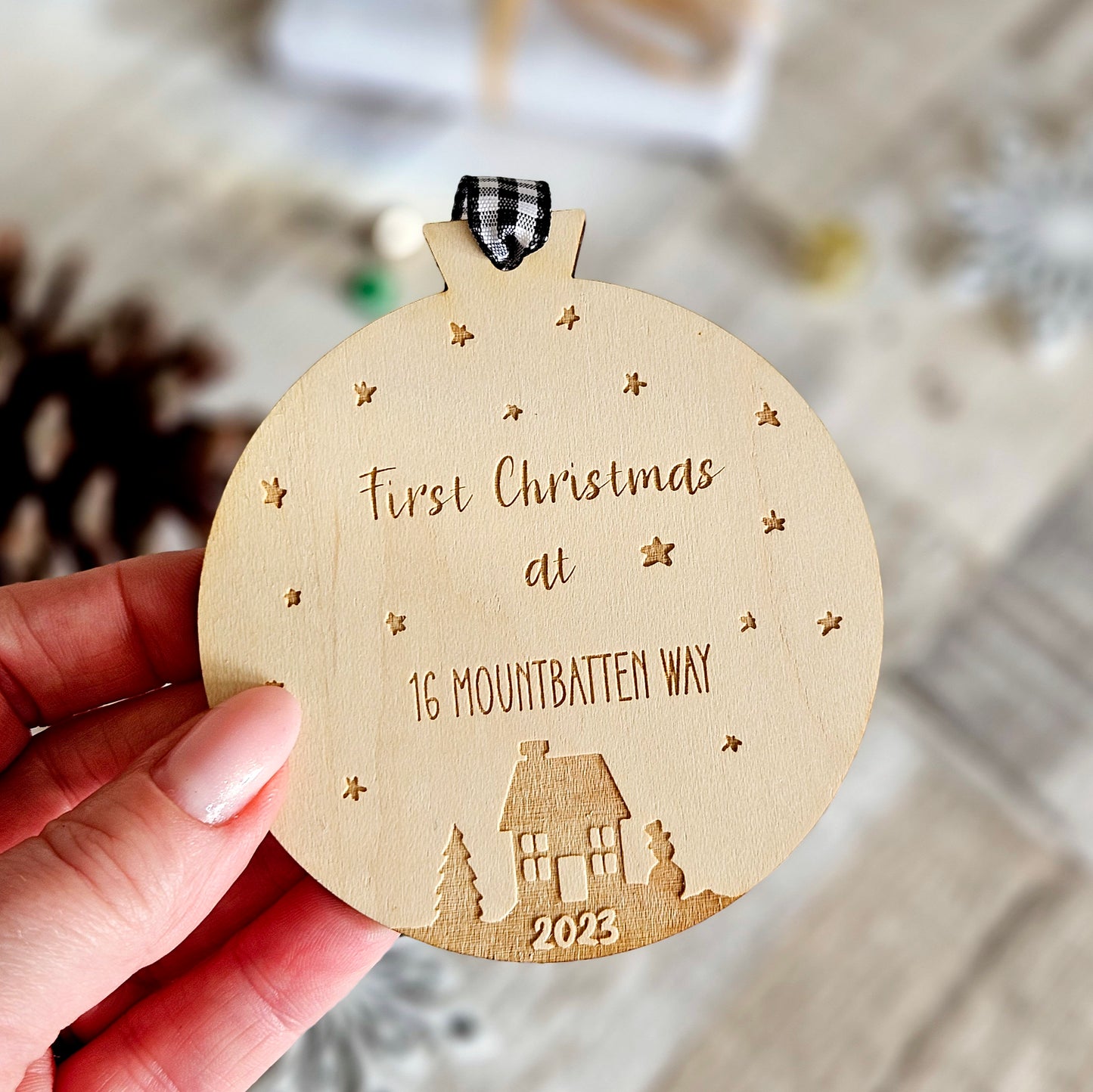 First Christmas in New Home Personalised Wooden Bauble