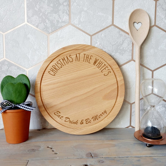 Eat, Drink & Be Merry Christmas Chopping Board -  Personalised Wooden Christmas Board