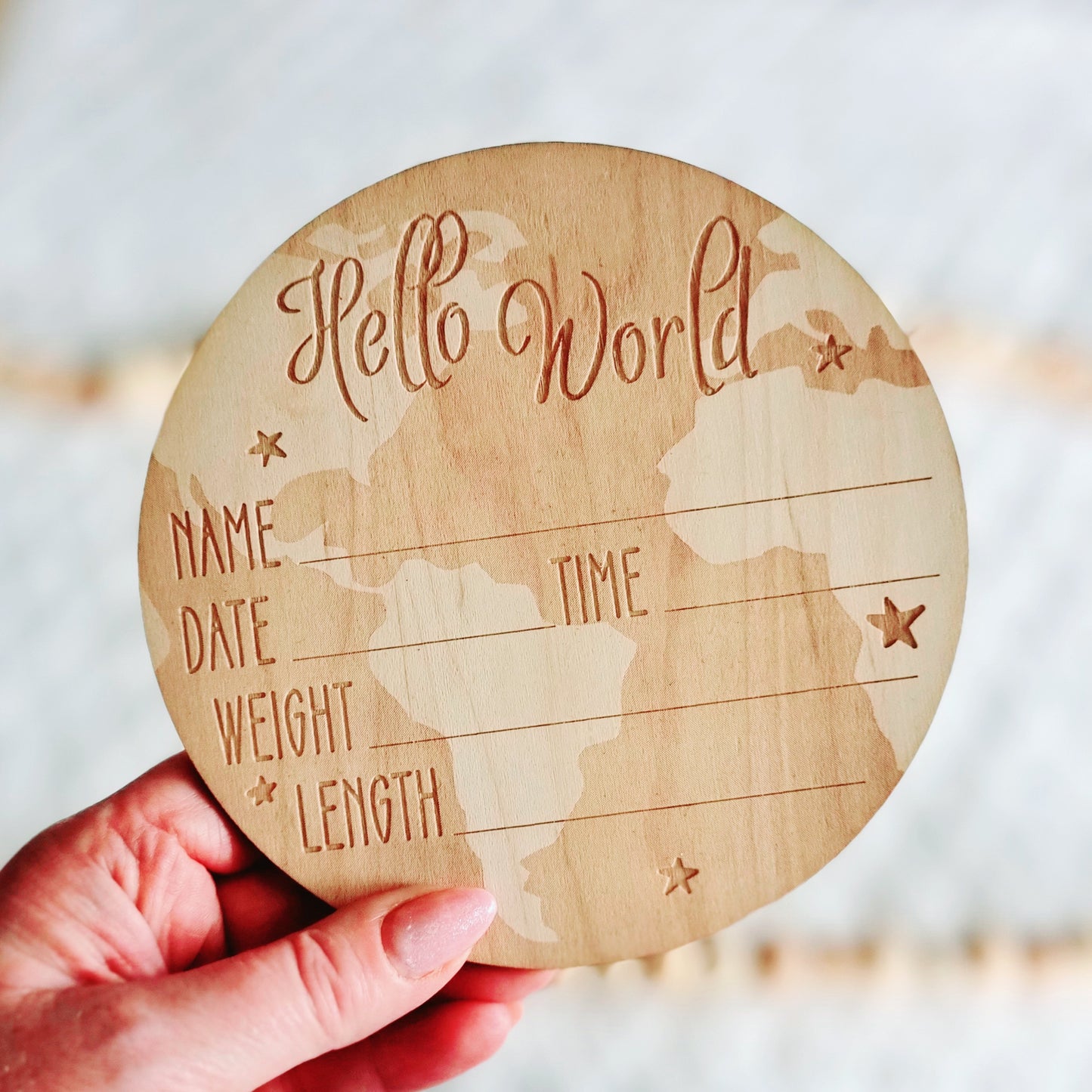 Hello World Birth Stats Baby Announcement Disc - Write On Baby Arrival Name Sign - Globe Design