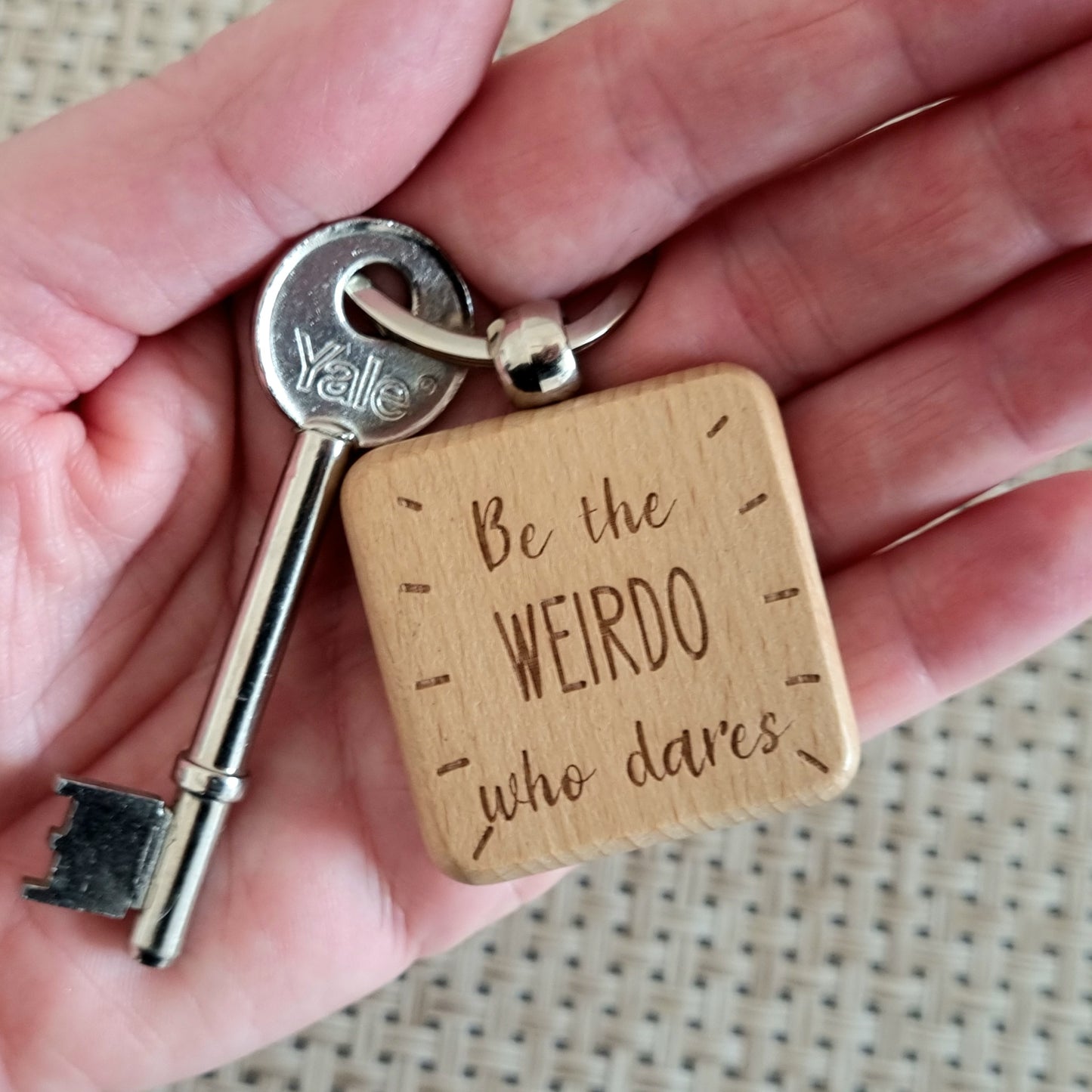 Weirdo Who Dares - Engraved Wooden Quote Keyring