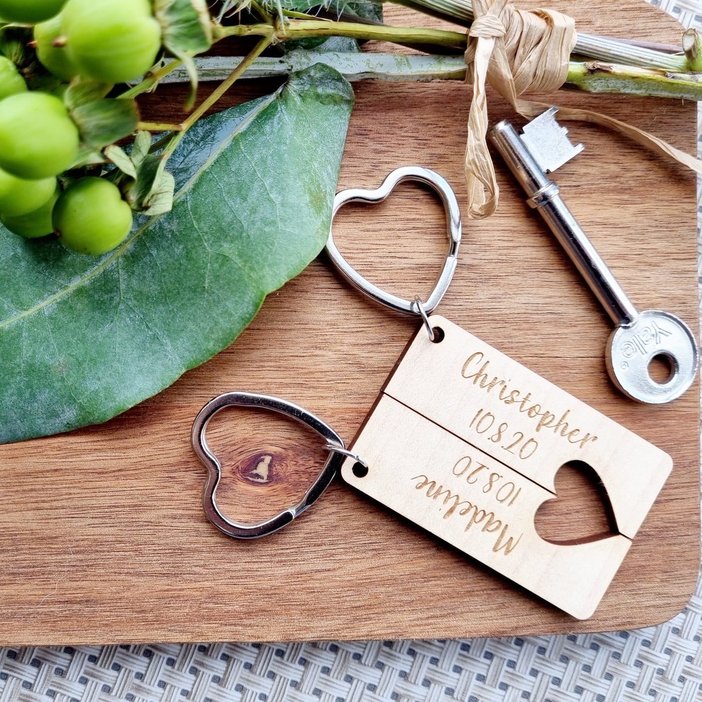 Personalised Laser Engraved Couples Heart Keyrings - Two Piece Set