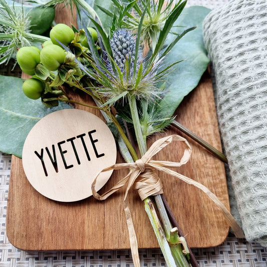 Personalised Wooden Place Settings - Rustic Wooden Name Tag Favours - Modern Capital Font