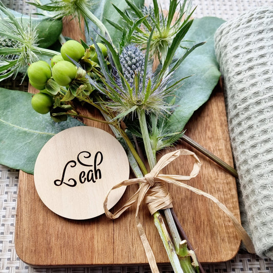 Personalised Wooden Place Settings for Weddings and Events - Wooden Name Tag Wedding Favours - Script Font