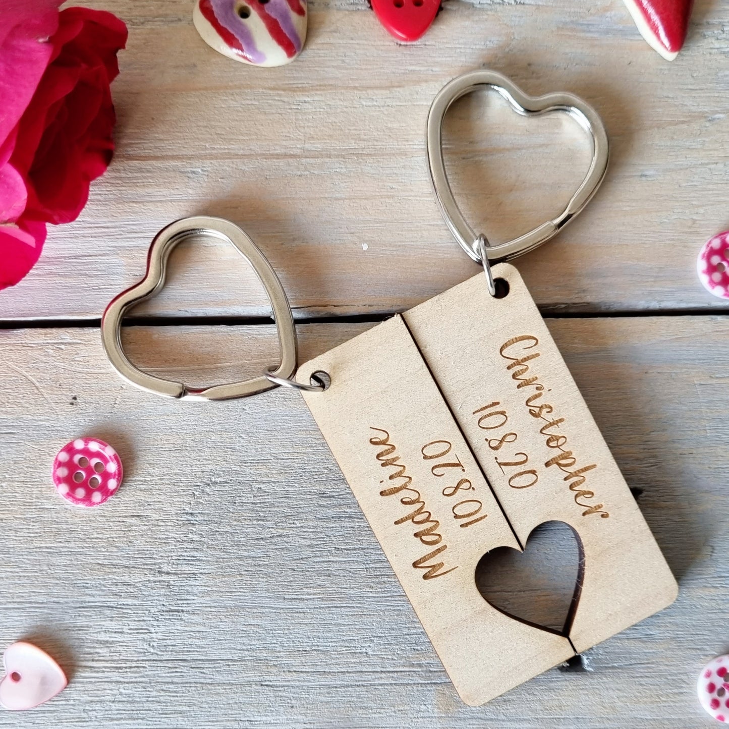 Personalised Laser Engraved Couples Heart Keyrings - Two Piece Set