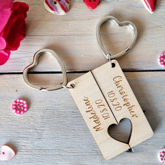 Personalised Laser Engraved Couples Heart Keyrings - Two Piece Set