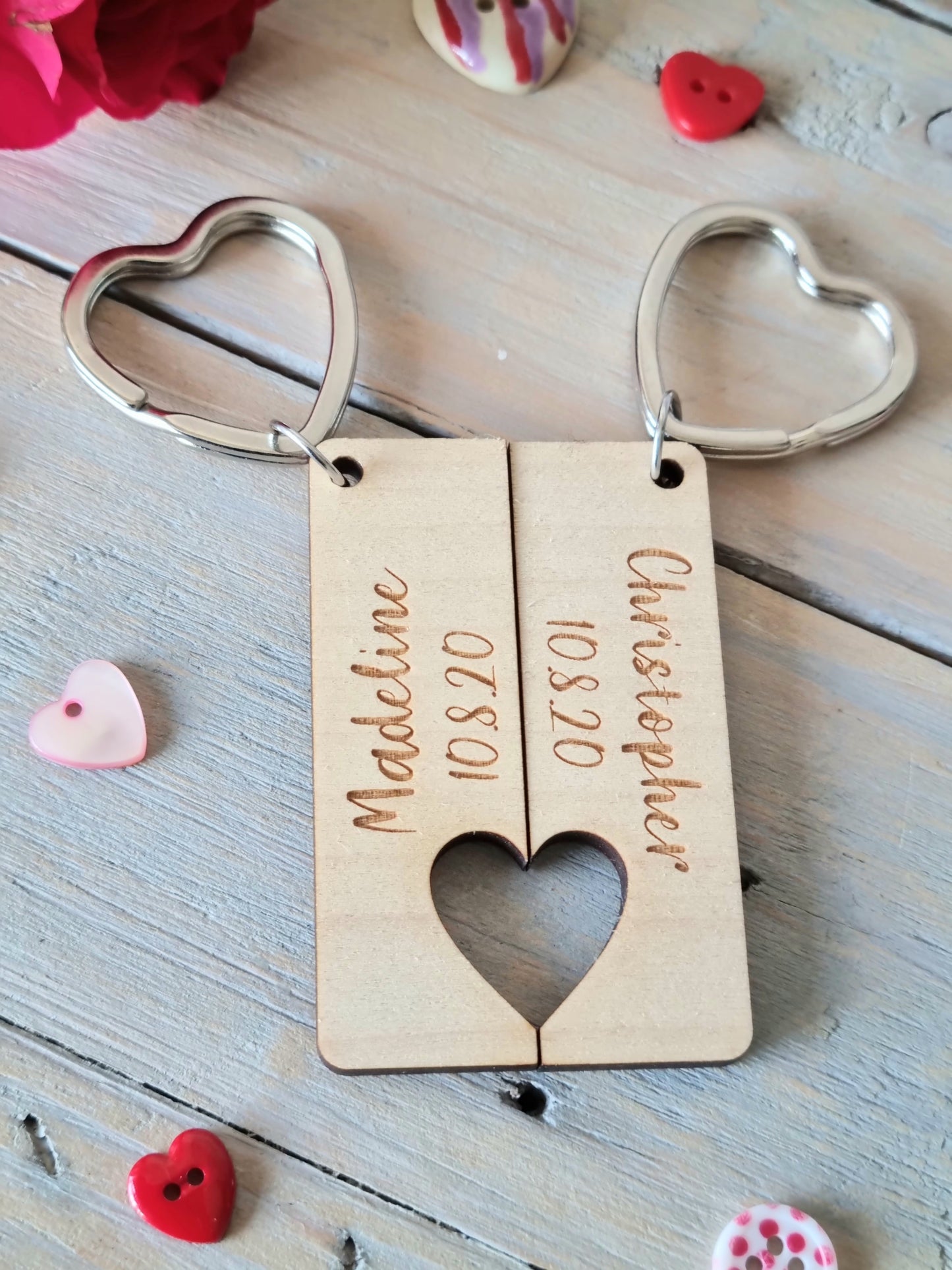 Personalised Laser Engraved Couples Heart Keyrings - Two Piece Set