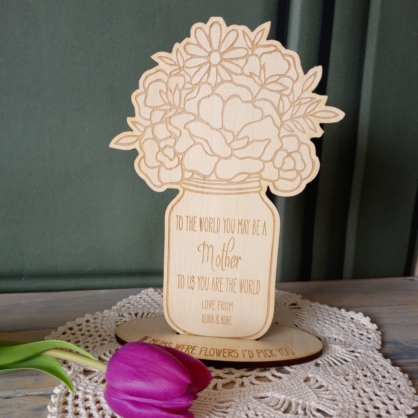 Mother's Day Forever Flower Jar - Personalised Flower Pop-Up Card - Sustainable Wooden Flowers with Stand