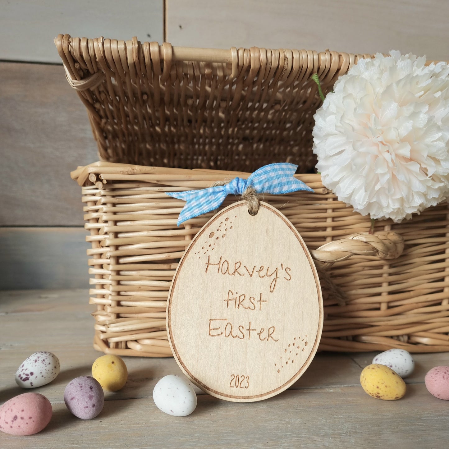 Personalised Wooden Egg Easter Basket Tag