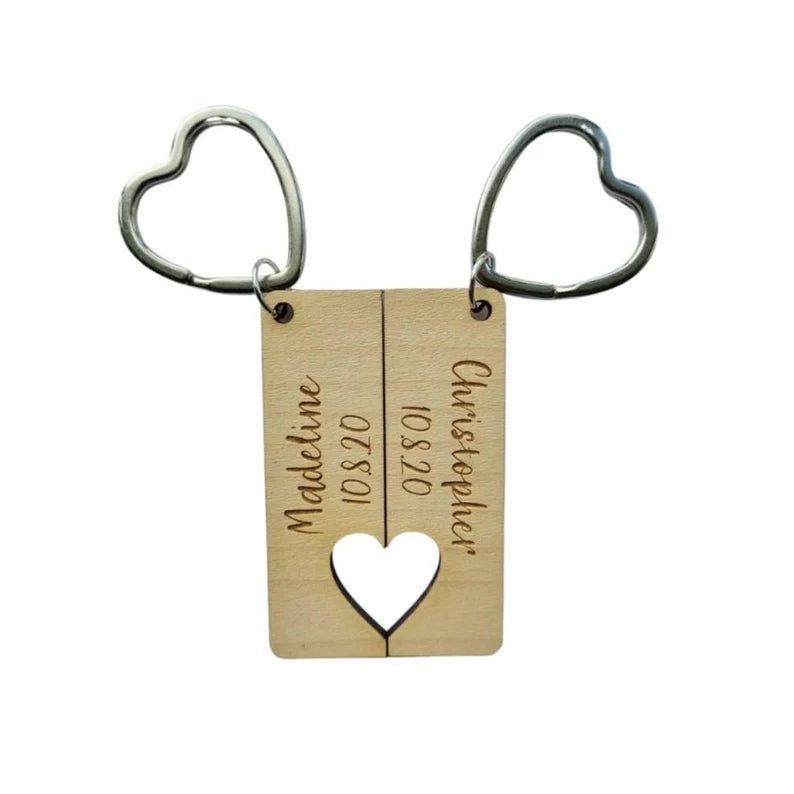 Personalised Laser Engraved Couples Heart Keyrings - Two Piece Set